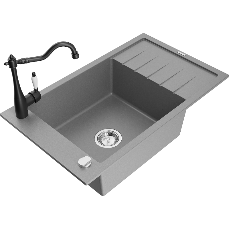 Mexen Elias granitový jednodřez s odkapávačem a kuchyňskou baterií Carla, šedý - 6511-71-670700-70