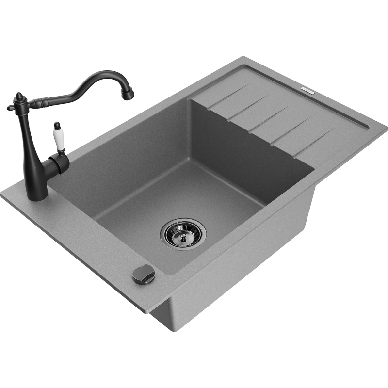 Mexen Elias granitový dřez s 1 komorou, odkapávací plochou a kuchyňskou baterií Carla, šedý - 6511-71-670700-70-B
