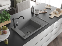 Mexen Elias granitový dřez s 1 komorou, odkapávačem a kuchyňskou baterií Carla, šedý - 6511-71-670700-70-B