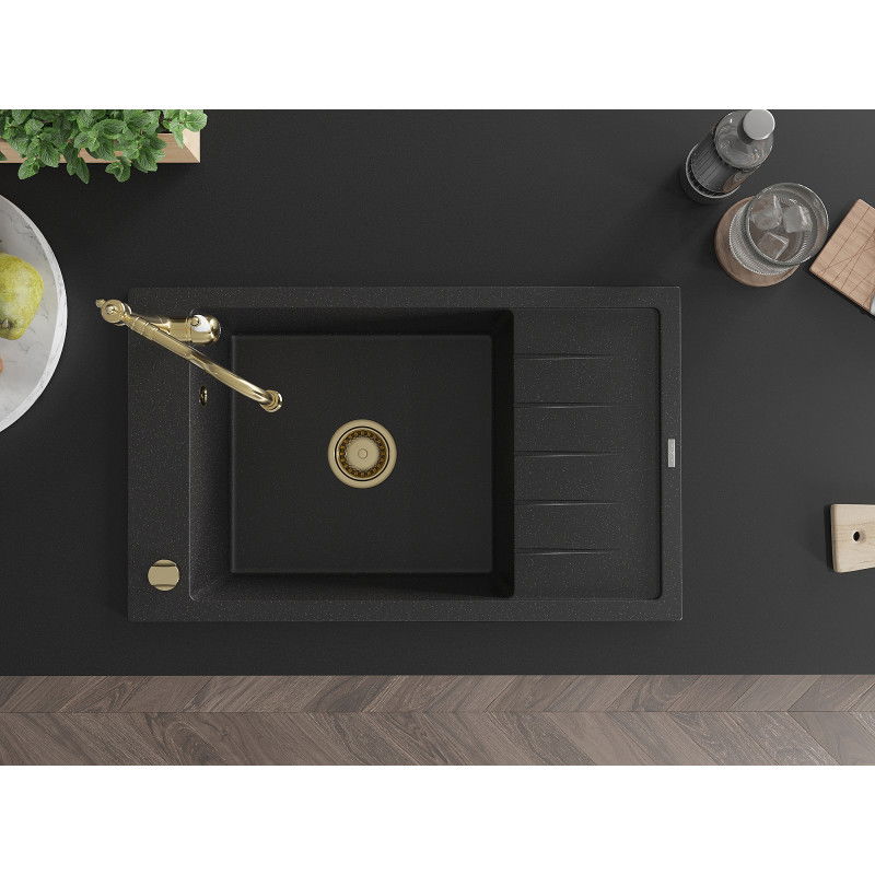 Mexen Elias granitový dřez s jednou komorou s odkapávačem a kuchyňskou baterií Carla, černý/stříbrný metalik