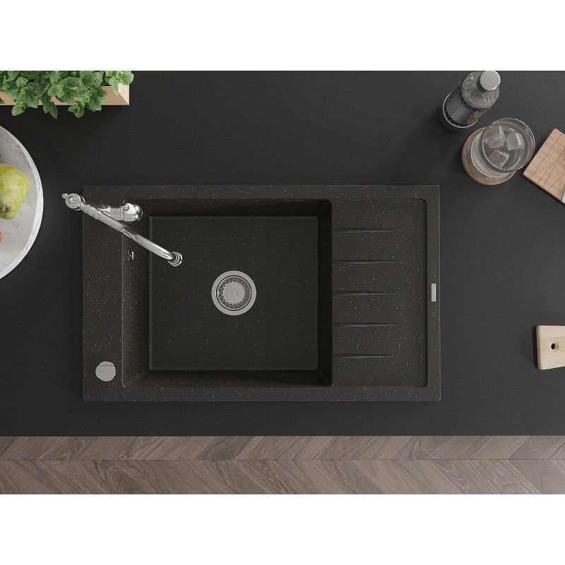 Mexen Elias granitový dřez 1-komorový s odkapávačem a kuchyňskou baterií Carla, černý/zlatý metalík - 6511-75-670700-00