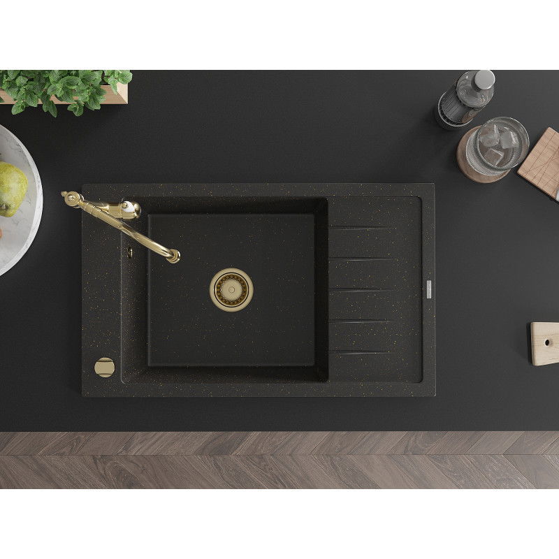 Mexen Elias granitový dřez 1-komorový s odkapávačem a kuchyňskou baterií Carla, černý/zlatý metalik - 6511-75-670700-50