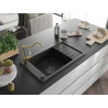 Mexen Elias granitový dřez s 1 komorou s odkapávačem a kuchyňskou baterií Carla, černý/zlatý metalik