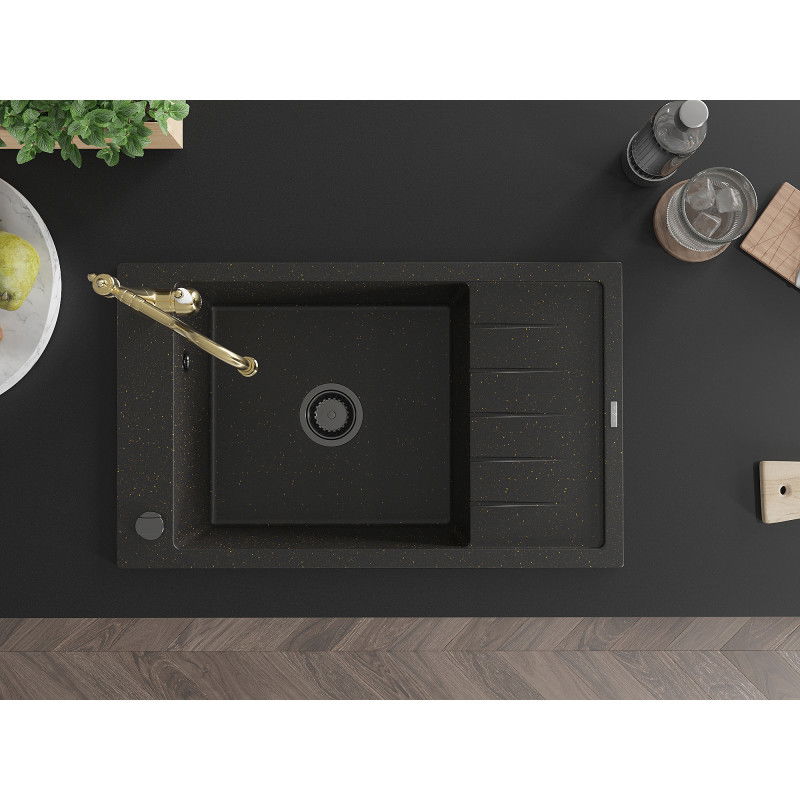 Mexen Elias dřez z granitu 1-komorový s odkapávačem a kuchyňskou baterií Carla, černý/zlatý metalik - 6511-75-670700-50-B