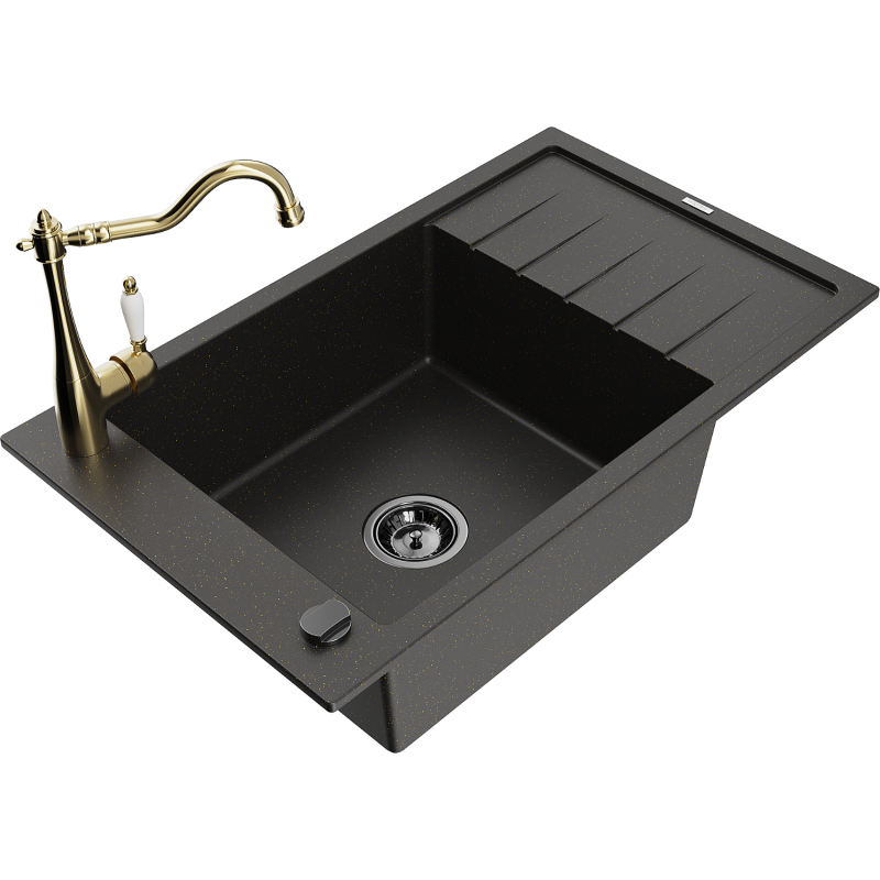 Mexen Elias dřez z granitu 1-komorový s odkapávačem a kuchyňskou baterií Carla, černý/zlatý metalik - 6511-75-670700-50-B