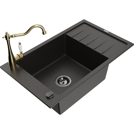 Mexen Elias dřez z granitu 1-komorový s odkapávačem a kuchyňskou baterií Carla, černý/zlatý metalik - 6511-75-670700-50-B