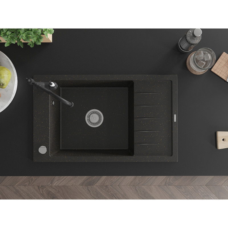 Mexen Elias granitový dřez 1-komorový s odkapávačem a kuchyňskou baterií Carla, černý/zlatý metalik - 6511-75-670700-70