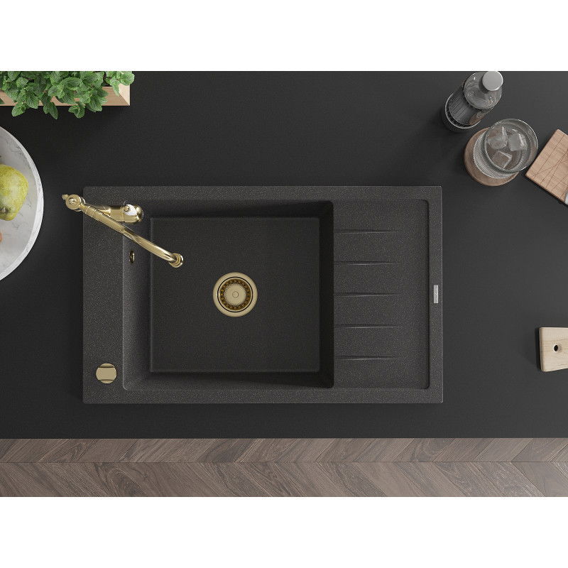 Mexen Elias granitový dřez 1-komorový s odkapávačem a kuchyňskou baterií Carla, černý tečkovaný - 6511-76-670700-50