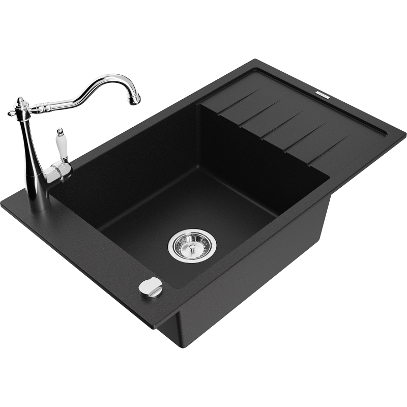 Mexen Elias granitový dřez s jednou komorou a odkapávačem a kuchyňskou baterií Carla, černý - 6511-77-670700-00