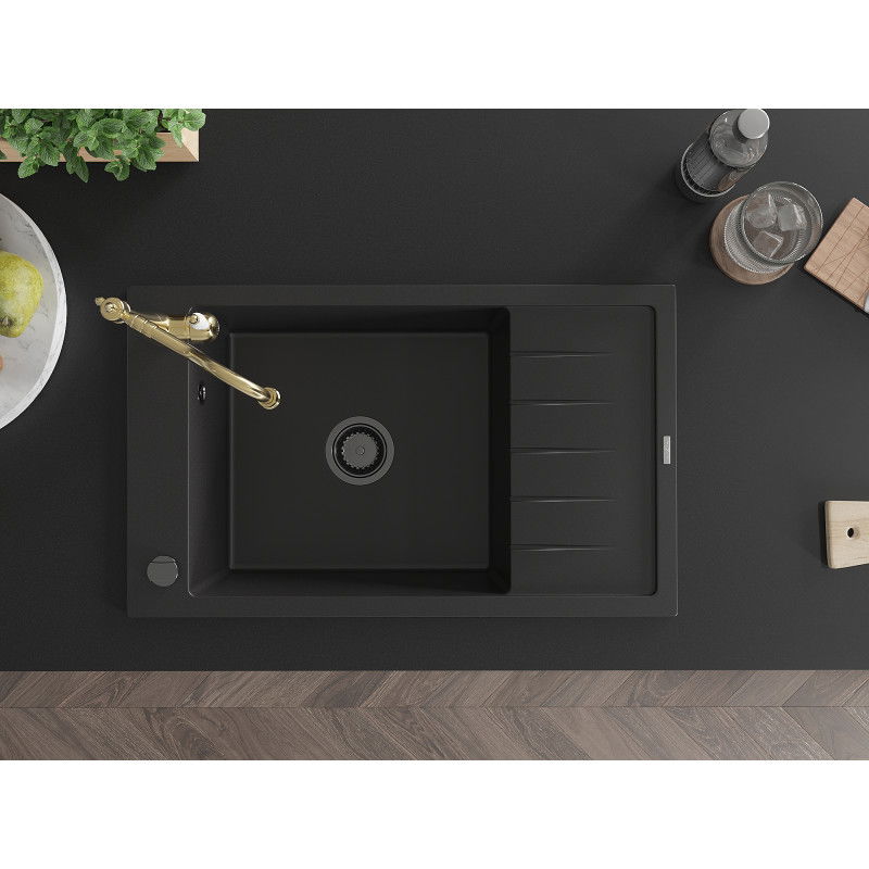 Mexen Elias granitový dřez 1-komorový s odkapem a kuchyňskou baterií Carla, černý - 6511-77-670700-50-B