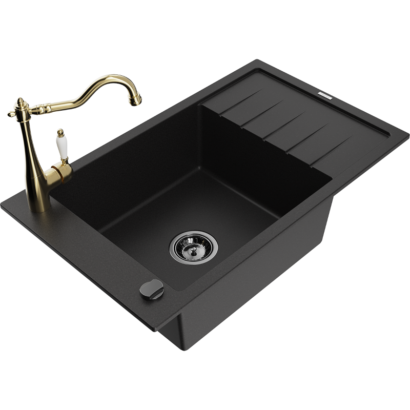 Mexen Elias granitový dřez 1-komorový s odkapem a kuchyňskou baterií Carla, černý - 6511-77-670700-50-B