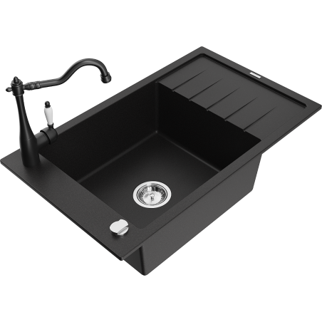 Mexen Elias žulový dřez s 1 miskou a odkapávačem a kuchyňskou baterií Carla, černá - 6511-77-670700-70