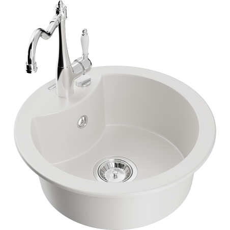 Mexen Diego granitový dřez 1-komorový s kuchyňskou baterií Carla, bílý - 6512-20-670700-00