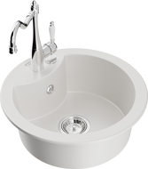 Mexen Diego granitový dřez 1-komorový s kuchyňskou baterií Carla, bílý - 6512-20-670700-00