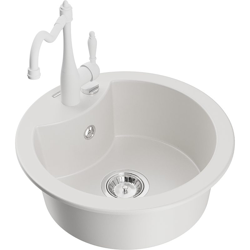 Mexen Diego granitový dřez 1-komorový s kuchyňskou baterií Carla, bílý - 6512-20-670700-20