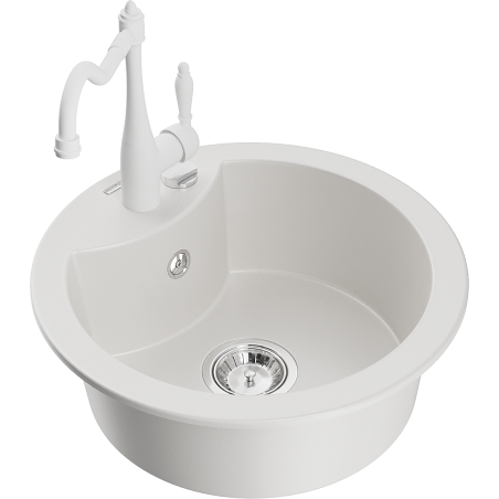 Mexen Diego granitový dřez 1-komorový s kuchyňskou baterií Carla, bílý - 6512-20-670700-20