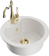 Mexen Diego dřez granitový 1-komorový s kuchyňskou baterií Carla, bílý - 6512-20-670700-50