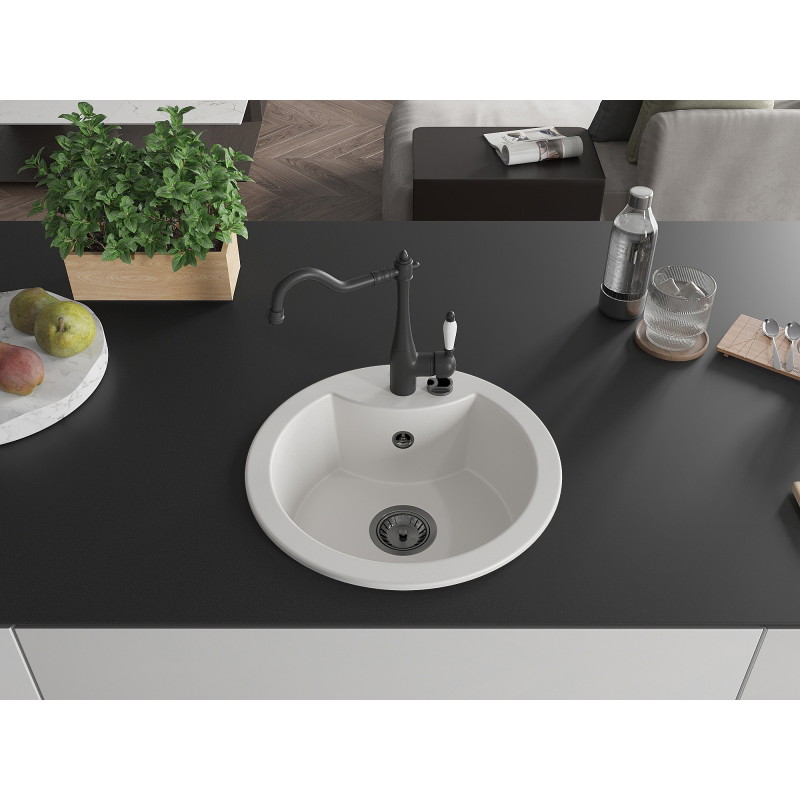 Mexen Diego granitový kuchyňský dřez s jednou komorou a kuchyňskou baterií Carla, bílý - 6512-20-670700-70