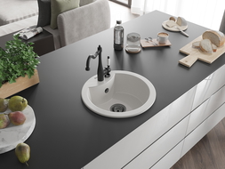 Mexen Diego granitový dřez 1-komorový s kuchyňskou baterií Carla, bílý - 6512-20-670700-70