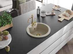 Mexen Diego granitový kuchyňský dřez 1-komorový s kuchyňskou baterií Carla, béžový - 6512-69-670700-50