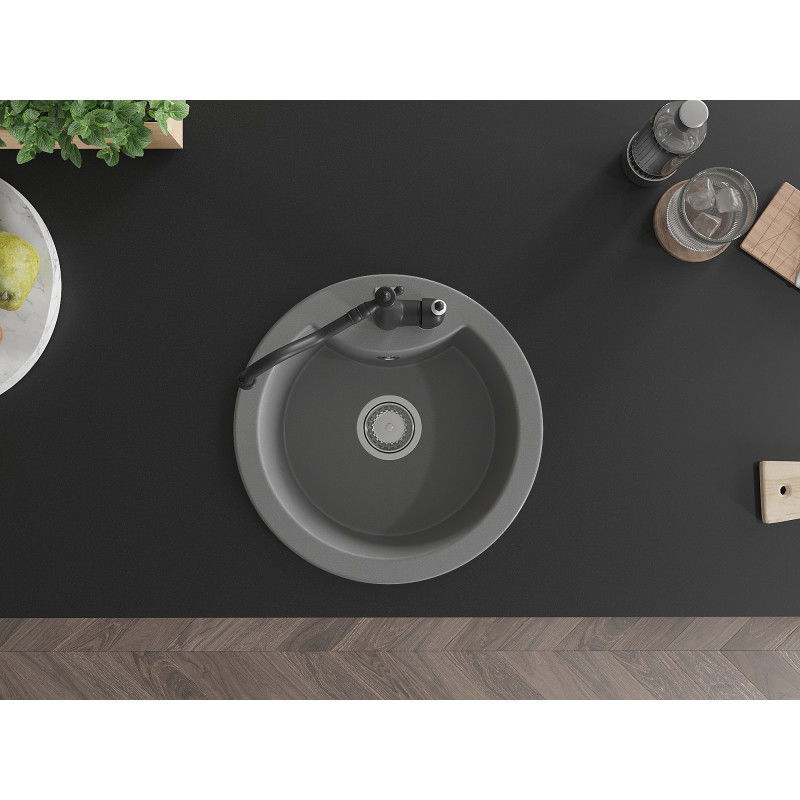 Mexen Diego granitový dřez 1-komorový s kuchyňskou baterií Carla, šedý - 6512-71-670700-70