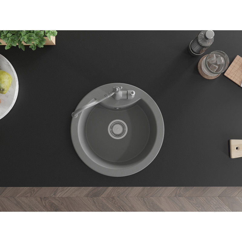 Mexen Diego granitový dřez 1-komorový s kuchyňskou baterií Carla, šedý - 6512-71-670700-71