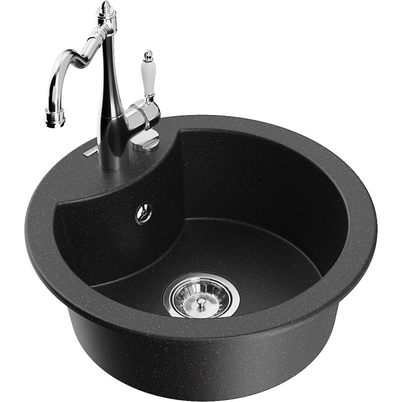 Mexen Diego granitový dřez 1-komorový s kuchyňskou baterií Carla, černý/stříbrný metalik - 6512-73-670700-00