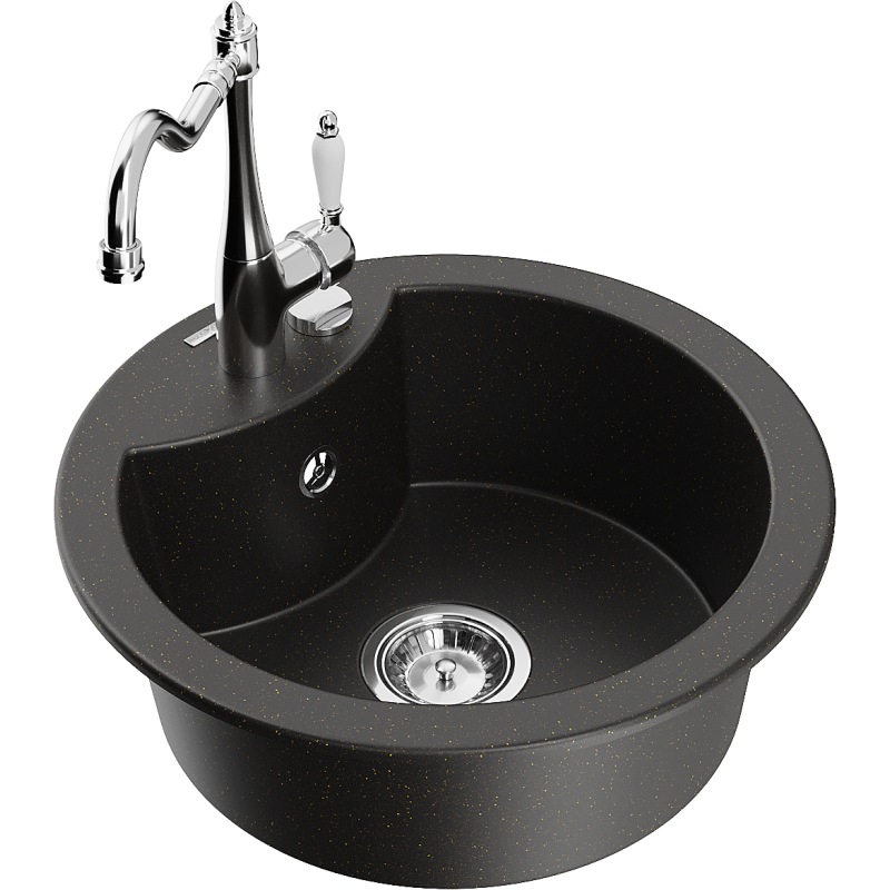 Mexen Diego granitový jednodřez s kuchyňskou baterií Carla, černý/zlatý metalik - 6512-75-670700-00