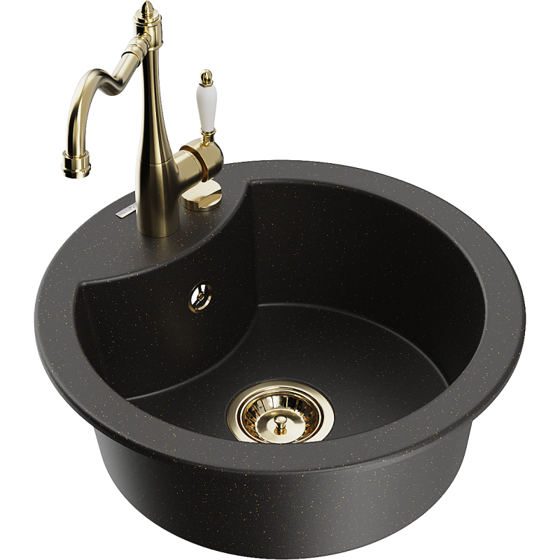 Mexen Diego granitový jednodřez s kuchyňskou baterií Carla, černá/zlatý metalík - 6512-75-670700-50