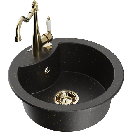 Mexen Diego granitový jednodřez s kuchyňskou baterií Carla, černá/zlatý metalík - 6512-75-670700-50