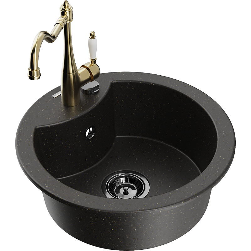 Mexen Diego granitový jednodřez s kuchyňskou baterií Carla, černý/zlatý metalik - 6512-75-670700-50-B