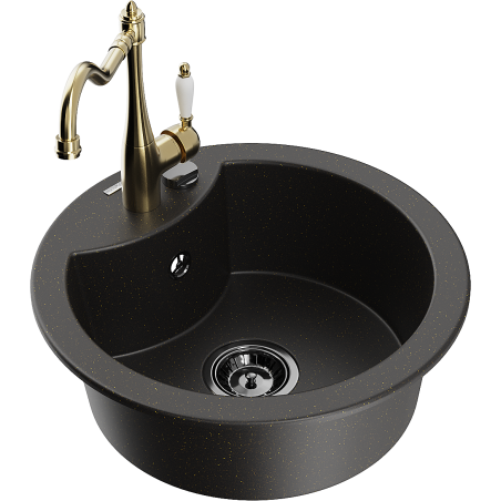 Mexen Diego granitový jednodřez s kuchyňskou baterií Carla, černý/zlatý metalik - 6512-75-670700-50-B