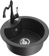 Mexen Diego granitový dřez 1-komorový s kuchyňskou baterií Carla, černý skvrnitý - 6512-76-670700-70