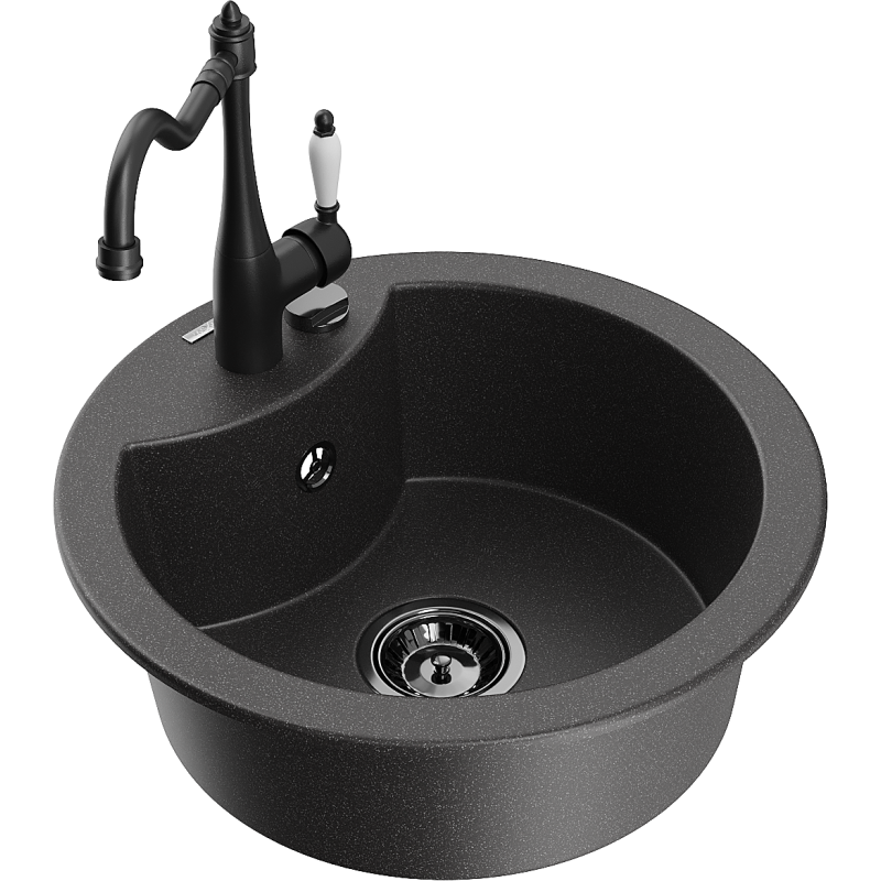 Mexen Diego žulový dřez jednokomorový s kuchyňskou baterií Carla, černý skvrnitý - 6512-76-670700-70-B