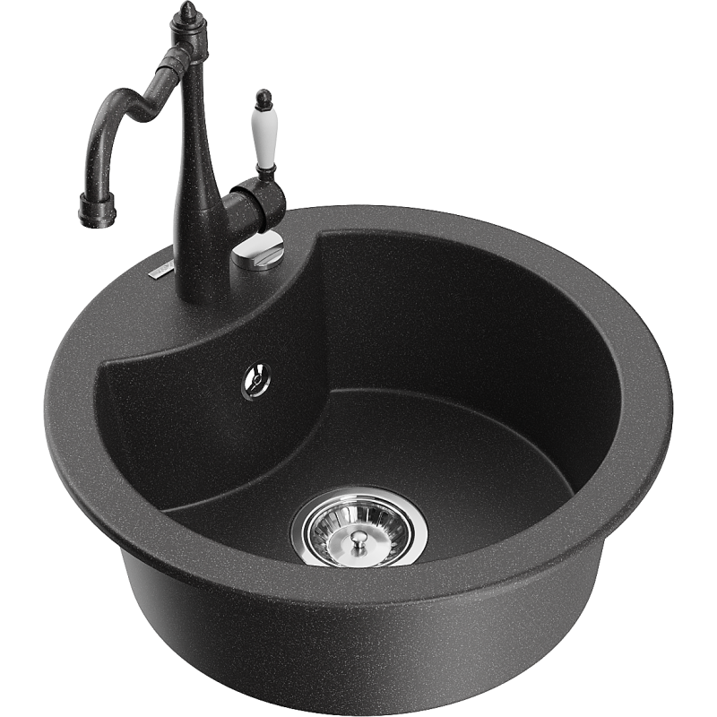 Mexen Diego granitový dřez s 1 komorou a kuchyňskou baterií Carla, černý skvrnitý - 6512-76-670700-76