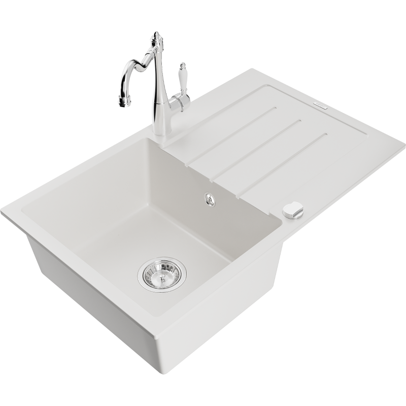 Mexen Bruno žulový dřez 1-komorový s odkapávačem a kuchyňskou baterií Carla, bílý - 6513-20-670700-00