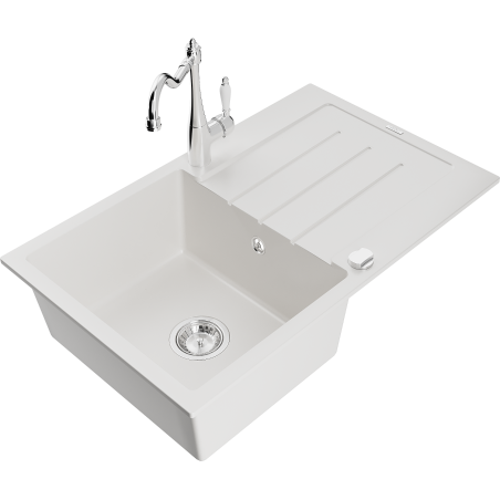 Mexen Bruno žulový dřez 1-komorový s odkapávačem a kuchyňskou baterií Carla, bílý - 6513-20-670700-00