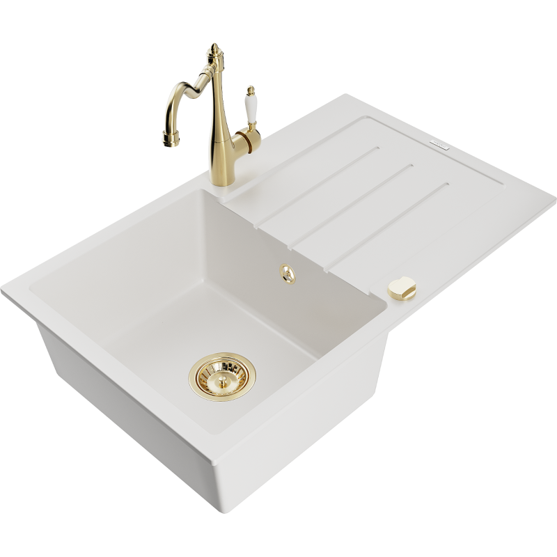 Mexen Bruno granitový dřez 1-komorový s odkapávačem a kuchyňskou baterií Carla, bílý - 6513-20-670700-50