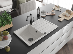 Mexen Bruno granitový dřez s 1 komorou, odkapávačem a kuchyňskou baterií Carla, bílý - 6513-20-670700-70