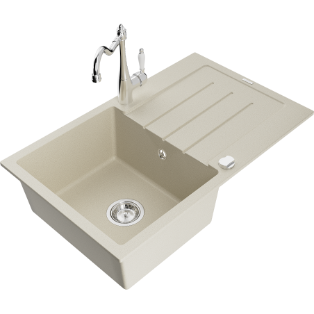 Mexen Bruno granitový dřez s 1 komorou a odkapávačem a kuchyňskou baterií Carla, béžový - 6513-69-670700-00