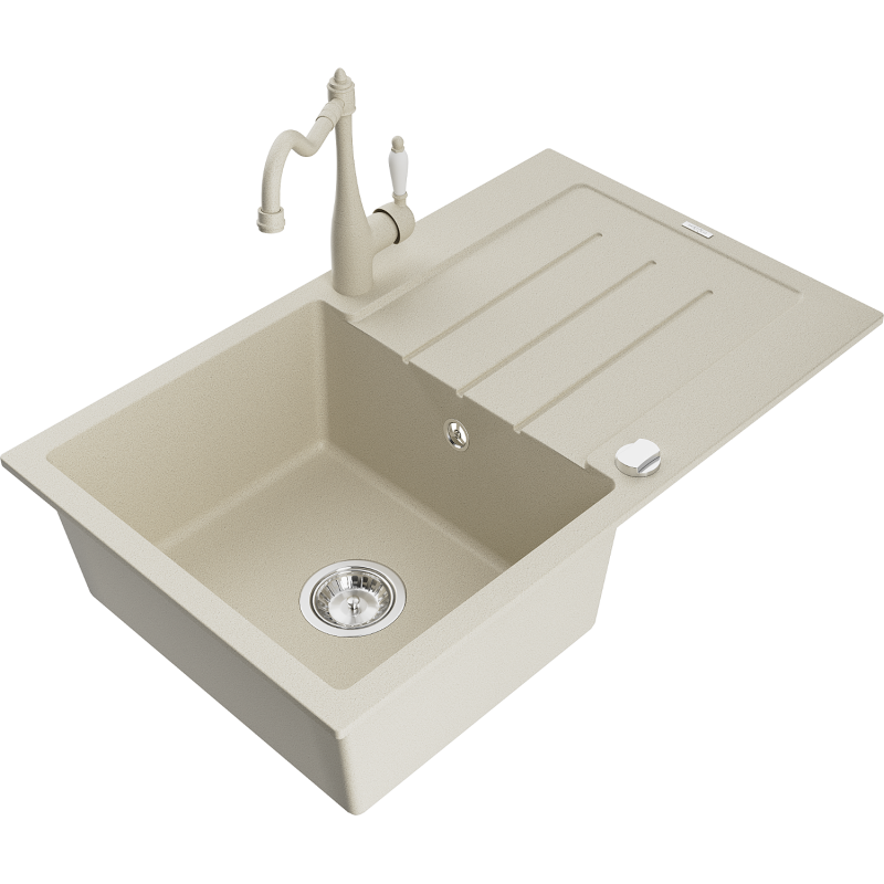 Mexen Bruno granitový dřez 1-komorový s odkapávačem a kuchyňskou baterií Carla, béžový - 6513-69-670700-69