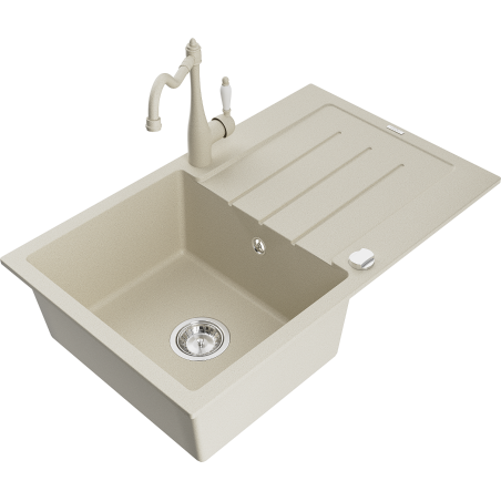 Mexen Bruno granitový dřez 1-komorový s odkapávačem a kuchyňskou baterií Carla, béžový - 6513-69-670700-69