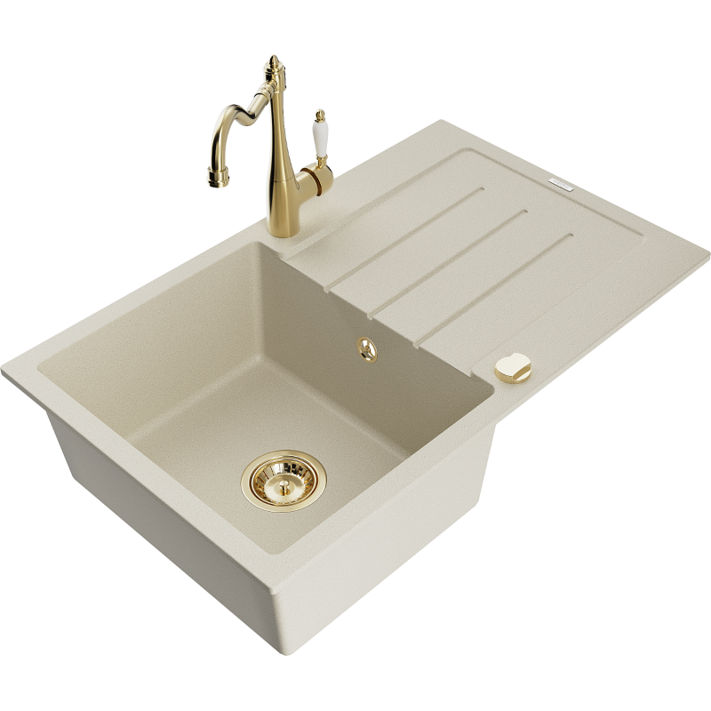 Mexen Bruno granitový dřez jednokomorový s odkapávačem a kuchyňskou baterií Carla, béžový - 6513-69-670700-50