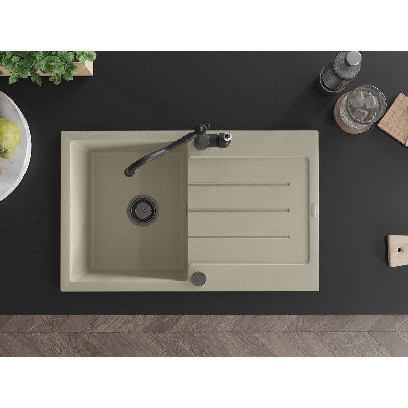 Mexen Bruno granitový dřez 1-komorový s odkapávačem a kuchyňskou baterií Carla, béžový - 6513-69-670700-70