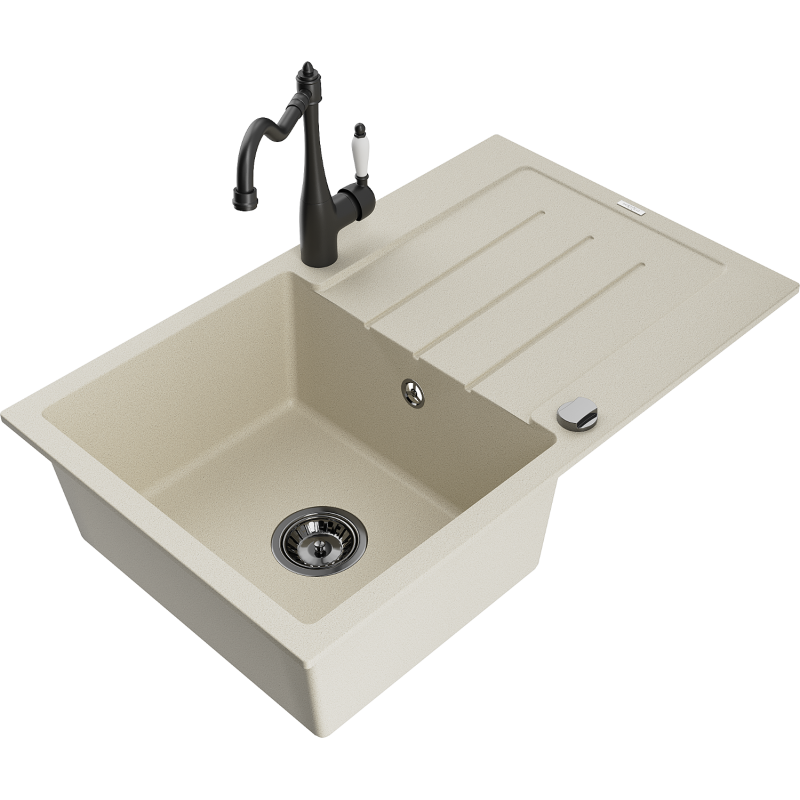 Mexen Bruno granitový dřez 1-komorový s odkapávačem a kuchyňskou baterií Carla, béžový - 6513-69-670700-70
