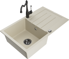Mexen Bruno granitový dřez 1-komorový s odkapávačem a kuchyňskou baterií Carla, béžový - 6513-69-670700-70