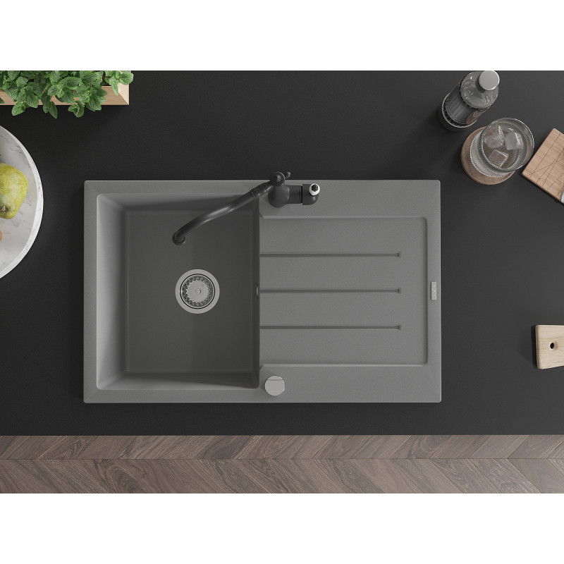 Mexen Bruno žulový dřez s jednou komorou s odkapávačem a kuchyňskou baterií Carla, šedý - 6513-71-670700-70