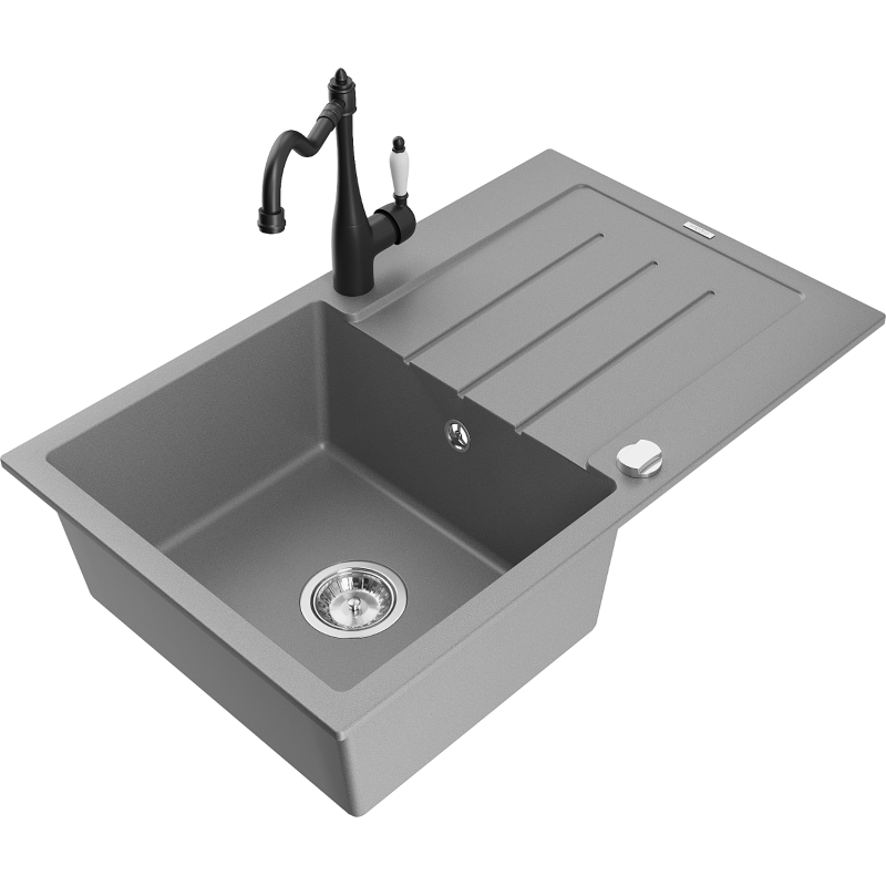 Mexen Bruno žulový dřez s jednou komorou s odkapávačem a kuchyňskou baterií Carla, šedý - 6513-71-670700-70
