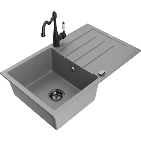 Mexen Bruno granitový dřez 1-komorový s odkapávačem a kuchyňskou baterií Carla, šedý - 6513-71-670700-70-B