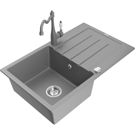 Mexen Bruno dřez žulový 1-komorový s odkapávačem a kuchyňskou baterií Carla, šedý - 6513-71-670700-71